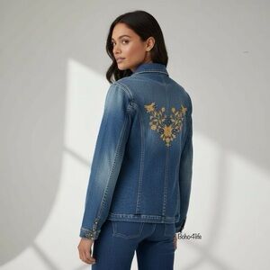 Faded Glory Womens Floral Embroidered Studded Blue Denim Jean Jacket Y2K Sz 12